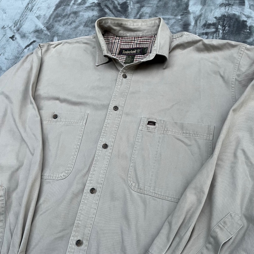Vintage 90s Timberland Weathergear Heavy Twill Shirt Beige Khaki Men L